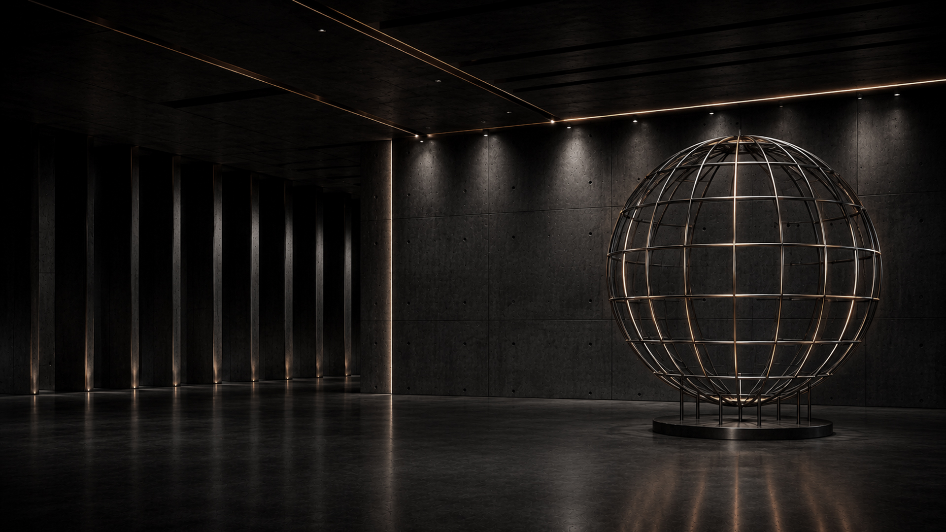 An architectural globe sculpture in a dark gallery, from the original REVO brand collection